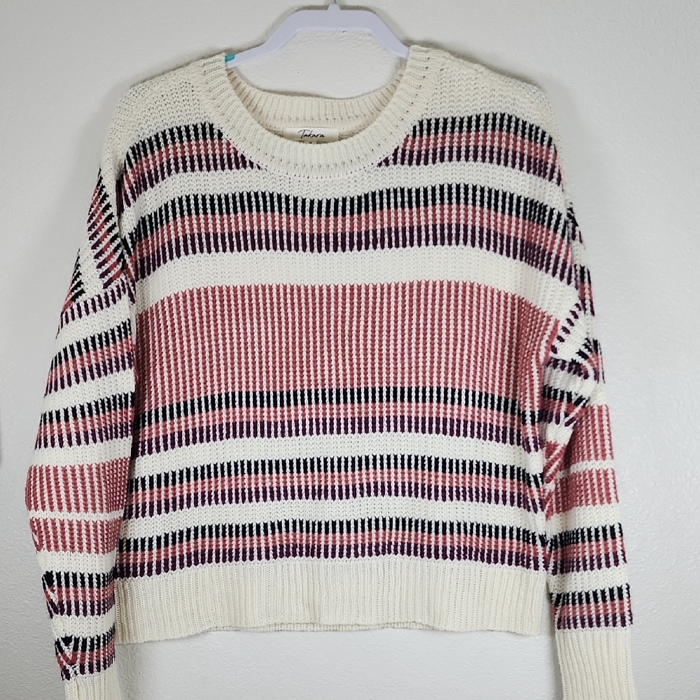 Takara Women Pullover  Pink Beige Strip Long-Sleeved Sweater Size M
